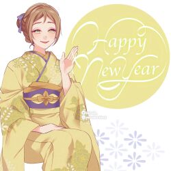 1girl alternate_costume animification brown_hair dress green_eyes hair_bun happy_new_year highres jane_porter japanese_clothes kimono long_hair looking_at_viewer makeup mizala new_year simple_background smile solo tarzan_(disney_movie) yellow_dress yellow_kimono