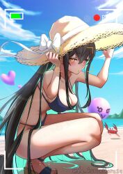 1girl absurdly_long_hair alternate_costume aqua_hair bikini black_hair blue_bikini blue_sky blush breasts bubble cloud crab da_kuronikorasu day goddess_of_victory:_nikke hat highres little_mermaid_(nikke) long_hair looking_at_viewer medium_breasts multicolored_hair outdoors recording sidelocks sky squatting straw_hat sun_hat swimsuit very_long_hair yellow_eyes