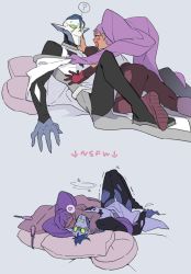 1boy 1girl ? aftersex assertive_female blanket blue_hair blush drooling entrapta green_eyes grey_background heart highres hordak lying masters_of_the_universe monster_boy on_back open_mouth pillow pointy_ears prehensile_hair purple_hair she-ra_and_the_princesses_of_power smile spoken_heart spoken_question_mark sweat twintails yutaka7