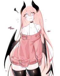 1girl bare_shoulders black_choker black_horns black_thighhighs black_wings blank_eyes blush choker cowboy_shot dress fang flying_sweatdrops friday_night_funkin&#039; highres horns long_hair long_sleeves open_mouth sarvente_(friday_night_funkin&#039;) simple_background skin_fang sleeves_past_wrists solo sweater sweater_dress tail tearing_up thighhighs usa37107692 very_long_hair white_background wings