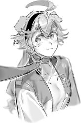 Rule 34 | 1girl, absurdres, asticassia school uniform, bluish gray cat, closed mouth, collar, commentary, greyscale, gundam, gundam suisei no majo, hairband, highres, jacket, leash, long hair, looking at viewer, monochrome, open clothes, open jacket, school uniform, smile, solo, suletta mercury, thick eyebrows