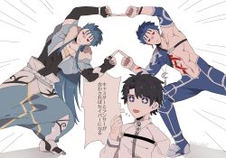 +_+ 3boys alternate_hair_length alternate_hairstyle black_hair blue_eyes blue_hair bodysuit capelet chest_tattoo crescent crescent_necklace cu_chulainn_(caster)_(fate) cu_chulainn_(fate) cu_chulainn_(fate/stay_night) cu_chulainn_(second_ascension)_(fate) fate/grand_order fate_(series) fujimaru_ritsuka_(male) fur-trimmed_capelet fur_trim fusion_dance igote jewelry jitome long_hair long_skirt male_focus multiple_boys namahamu_(hmhm_81) necklace official_alternate_costume red_eyes skirt star-shaped_pupils star_(symbol) symbol-shaped_pupils tattoo