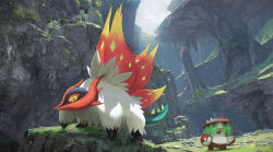+_+ area_zero brute_bonnet commentary_request day grass highres nintendo no_humans official_art open_mouth outdoors pokemon pokemon_(creature) rock sandy_shocks slither_wing white_fur yellow_eyes