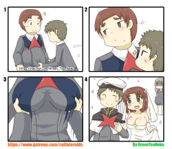 10s 2boys 2girls 4koma :d ^^^ absurdres artist_name bad_id bad_pixiv_id bare_shoulders belly_grab beret black_eyes blush breasts brown_hair bulge cleavage closed_mouth comic commentary_request darling_in_the_franxx dress elbow_gloves futoshi_(darling_in_the_franxx) genderswap genderswap_(mtf) gloves greenteaneko grey_eyes grey_jacket hair_between_eyes hat highres jacket kokoro_(darling_in_the_franxx) large_breasts light_brown_hair long_hair long_sleeves looking_away looking_to_the_side mitsuru_(darling_in_the_franxx) multiple_boys multiple_girls open_mouth parted_bangs petals pregnant round_teeth short_hair silent_comic smile sparkle square_4koma strapless strapless_dress sweat t_t teeth thick_eyebrows turn_pale uniform upper_teeth_only veil very_long_hair watermark web_address wedding_dress white_dress white_gloves white_hat