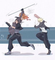 Rule 34 | 1girl, 2boys, absurdres, aerith gainsborough, aerith gainsborough (midgard seventh high school), bandaid, bandaid on cheek, bandaid on face, baseball bat, black boots, black gloves, black hair, black jacket, black pants, black shirt, black shoes, blonde hair, blue shirt, boots, brown hair, carrying over shoulder, chain, chasing, closed eyes, cloud strife, cloud strife (midgard seventh high school), delinquent, english text, final fantasy, final fantasy vii, final fantasy vii ever crisis, flower, full body, gakuran, gloves, grey neckerchief, hair flower, hair ornament, highres, holding, holding baseball bat, holding staff, jacket, long hair, long skirt, multiple boys, neckerchief, open mouth, pants, parted bangs, running, school uniform, shanlieart, shirt, shoes, short hair, shouting, side ponytail, sidelocks, skirt, smile, staff, sukeban, white flower, white shirt, zack fair, zack fair (midgard seventh high school)