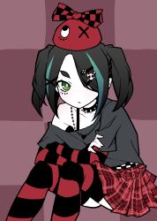 1girl akableak alternate_hair_color aqua_hair arm_warmers belt black_choker black_hair black_shirt bright_pupils checkered_background choker closed_mouth crossed_arms expressionless green_eyes hair_ornament hairclip heart heart_necklace highres hikimayu jewelry looking_at_viewer monogatari_(series) multicolored_hair necklace off_shoulder ononoki_yotsugi pale_skin parted_bangs plaid_clothes plaid_skirt pleated_skirt pointy_ears punk rabbit_hair_ornament red_skirt shirt sitting skirt skull_hair_ornament solo spiked_choker spikes streaked_hair striped_arm_warmers striped_clothes striped_thighhighs thighhighs two-tone_hair white_pupils