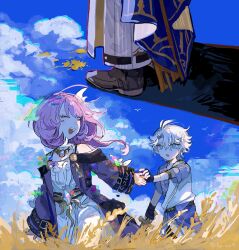 1boy 1girl aged_down black_gloves black_shoes blue_eyes blue_shorts blue_sky cloud coat cyrene_(honkai:_star_rail) dress fingerless_gloves gloves hair_ornament highres honkai:_star_rail honkai_(series) medium_hair open_mouth outdoors phainon_(honkai:_star_rail) pink_hair purple_coat purple_shirt shima_(vivi_do) shirt shoes short_hair shorts sky wheat wheat_field white_dress white_hair