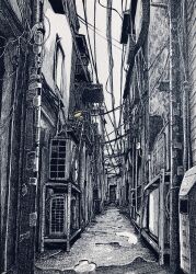 Rule 34 | air conditioner, alley, apartment, building, cable, day, highres, ibsukionsen, no humans, original, painting (medium), power lines, road, scenery, street, traditional media, utility pole