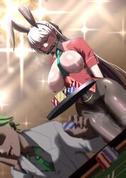 1boy 1girl bdsm bit_gag bondage bound breasts breasts_out casino closed_eyes collar eiyuu_densetsu elie_macdowell falcom gag gagged grey_hair highres large_breasts leotard long_hair necktie nipple_pull nipple_stimulation nipple_torture pantyhose poker_chip pussy_juice rabbit_ears steaming_body tray zetsu_red