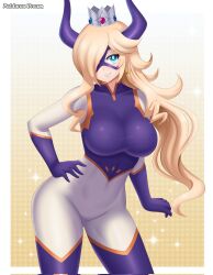 1girl alternate_breast_size artist_name blonde_hair blue_eyes blurry blurry_background bodysuit boku_no_hero_academia breasts cosplay cowboy_shot crown domino_mask earrings giant giantess gluteal_fold hair_over_one_eye hand_on_own_hip highres horns jewelry large_breasts long_hair looking_at_viewer mario_(series) mask mount_lady mount_lady_(cosplay) nintendo patdarux rosalina smile solo star_(symbol) star_earrings