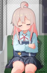 1girl absurdres ahoge bag black_skirt blue_shirt closed_eyes commentary_request facing_viewer highres long_hair long_sleeves melciort onii-chan_wa_oshimai! oyama_mahiro pink_hair pleated_skirt school_bag shirt sidelocks sitting skirt solo train_interior twitter_username watermark