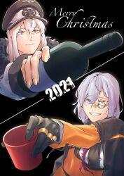 Rule 34 | 1944, 2021, 2girls, absurdres, black background, black cloak, black coat, black gloves, black vest, blonde hair, bottle, breasts, christmas, cloak, closed mouth, coat, cup, dated, emile aoi, fur-trimmed coat, fur trim, girls&#039; frontline, gloves, hair between eyes, hat, highres, holding, holding bottle, holding cup, jacket, jewelry, kar98k (girls&#039; frontline), long hair, looking at viewer, medium hair, merry christmas, military hat, monocle, multiple girls, necktie, open mouth, orange jacket, peaked cap, purple hair, red eyes, red necktie, ring, shirt, simple background, smile, thompson (girls&#039; frontline), upper body, vest, white shirt