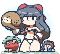 Rule 34 | 2girls, bandeau bikini, bikini, black hair, blue eyes, breasts, brown hair, cleavage, fingerless gloves, gloves, hair ribbon, hand on own hip, highres, legs, long hair, mamahaha, medium breasts, multicolored bikini, multiple girls, nakoruru, navel, open mouth, ribbon, samurai spirits, serious, short hair, smile, snk, swimsuit, the king of fighters, thick thighs, thighs, tongle