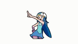 1girl :&gt; animal_hat animated animated_gif bare_legs bare_shoulders blue_dress blue_eyes blue_hair boku_no_hero_academia coat cosplay dancing dawn_(pokemon) dress eyelashes gen_4_pokemon grey_eyes hair_ornament hairclip hand_on_own_hip happy hat highres long_hair looking_at_viewer naughty_face nintendo one_eye_closed open_mouth piplup piplup_(cosplay) pointing pokemon pokemon_dppt siczak sidelocks sleeveless sleeveless_dress smile solo teeth upper_teeth_only v vigilante_-boku_no_hero_academia:_illegals- wide_hips wink