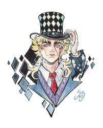 Rule 34 | 1boy, adjusting clothes, adjusting headwear, argyle clothes, argyle hat, blonde hair, commentary, cropped shoulders, english commentary, hand on headwear, hat, hat tip, jojo no kimyou na bouken, long hair, male focus, necktie, painting (medium), phantom blood, portrait, red necktie, robert e. o. speedwagon, scar, scar on face, shirt, si3art, signature, solo, top hat, traditional media, watercolor (medium), white background, white shirt, yellow eyes