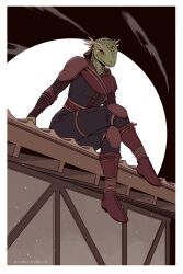 1girl absurdres argonian artist_name black_bodysuit bodysuit boots border colored_skin dark_brotherhood enolezdrata furry furry_female green_skin highres ocheeva outside_border red_boots red_eyes reptile_girl sitting solo the_elder_scrolls the_elder_scrolls_iv:_oblivion white_border
