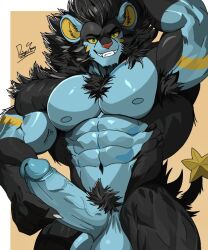 1boy abs animal_ears arm_up artist_name bara blue_eyes claws colored_sclera commentary completely_nude draigon_spercy english_commentary erection fangs furry furry_male gen_4_pokemon grin lion_ears lion_mane looking_at_viewer luxray male_focus mane muscular muscular_male navel nintendo nipples nude pectorals penis pokemon pokemon_(creature) signature smile tail testicles yellow_sclera