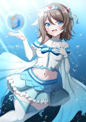 1girl absurdres alternate_costume blue_eyes blush breasts brown_hair bubble commentary_request earrings english_text hair_between_eyes hair_ornament highres jewelry kamesys looking_at_viewer love_live! love_live!_sunshine!! medium_breasts medium_hair midriff navel open_mouth solo thighhighs tiara underwater watanabe_you