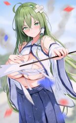 1girl 258n absurdres ahoge animal_hair_ornament bare_shoulders blue_hakama blush breasts center_opening chest_sarashi cleavage commentary crossed_bandaids crossed_bangs detached_sleeves frog_hair_ornament gohei green_eyes green_hair hair_between_eyes hair_ornament hair_tubes hakama highres holding holding_gohei japanese_clothes kochiya_sanae large_breasts long_hair looking_at_viewer navel nontraditional_miko pout sarashi shirt single_hair_tube solo stomach touhou undone_sarashi upper_body v-shaped_eyebrows white_shirt wide_sleeves