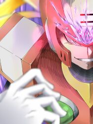 1boy armor aura blonde_hair chest_jewel clenched_teeth dark_aura evil_grin evil_smile fang forehead_jewel grin helmet highres ishigaki_(sora_roxas) long_hair looking_at_viewer male_focus mega_man_(series) mega_man_x_(series) ponytail red_armor red_eyes red_helmet shoulder_armor smile solo solo_focus sparkle sparkling_aura teeth upper_body very_long_hair zero_(mega_man)