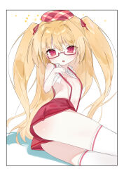 Rule 34 | 1girl, absurdres, ass, blonde hair, blush, glasses, hat, highres, irotoridori no sekai, long hair, looking at viewer, miniskirt, navel, nikaidou shinku, nipples, open mouth, red eyes, red skirt, skirt, solo, suspender skirt, suspenders, takakura, thighhighs, two side up, white thighhighs