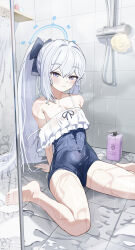 1girl absurdres arm_support bathing bathroom blue_archive blue_halo blue_one-piece_swimsuit casual_one-piece_swimsuit commentary covered_navel dated frilled_one-piece_swimsuit frills garados_(limmjiiiminnn99) halo highres long_hair miyako_(blue_archive) miyako_(swimsuit)_(blue_archive) off-shoulder_one-piece_swimsuit off_shoulder official_alternate_costume one-piece_swimsuit ponytail purple_eyes sitting smile solo strap_slip swimsuit twitter_username wariza wet white_hair