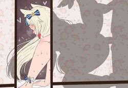 1boy 1girl animal_ears blonde_hair blue_hair blush breath cat_ears fuzzlogik hetero highres indie_virtual_youtuber motion_lines sameko_saba sex sex_from_behind shadow shark_girl silhouette solo_focus tongue tongue_out trembling virtual_youtuber