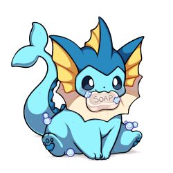 Rule 34 | absurdres, blue sclera, blush, colored sclera, commentary, english commentary, fins, full body, gen 1 pokemon, head fins, highres, mouth hold, nintendo, no humans, pokemon, pokemon (creature), pokemon focus, sevi (seviyummy), simple background, sitting, smile, soap, soap bubbles, vaporeon, white background