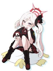 1girl black_boots black_jacket blue_archive boots closed_mouth commentary cropped_jacket grey_hair halo hand_on_own_face high-waist_skirt highres jacket long_hair looking_at_viewer miniskirt mutsuki_(blue_archive) purple_eyes red_halo red_skirt short_sleeves side_ponytail simple_background sitting sitting_on_pillow skirt solo tongue tongue_out user_pnwj4288 very_long_hair white_background