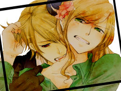 Rule 34 | 1boy, 1girl, annoyed, arm up, axis powers hetalia, biting, border, brown hair, clothes pull, earrings, fang, flower, frown, gloves, grabbing another&#039;s hair, green eyes, hair flower, hair ornament, hat, head tilt, holding another&#039;s hair, hosaka (minami-ke), hosaka (united co), hungary (hetalia), jewelry, long hair, mini hat, mini top hat, neck biting, red eyes, romania (hetalia), shirt pull, short hair, simple background, swept bangs, top hat, unbuttoned, vampire