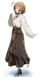 Rule 34 | 1girl, :d, ahoge, aran sweater, belt, berry, black choker, brown hair, brown shoes, brown skirt, cable knit, choker, closed eyes, commentary, crossed bangs, earrings, food-themed earrings, full body, hand up, highres, hololive, hololive english, jewelry, long skirt, long sleeves, multicolored hair, nanashi mumei, nanashi mumei (casual), necklace, notice lines, official alternate costume, official alternate hairstyle, open mouth, plaid clothes, plaid skirt, pleated skirt, red shirt, shirt, shoes, simple background, skirt, sleeves past wrists, smile, sneakers, solo, streaked hair, sweater, teeth, tenchi mayo, upper teeth only, virtual youtuber, white sweater