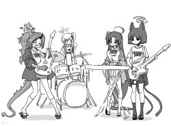 4girls ^_^ absurdly_long_hair airi_(band)_(blue_archive) airi_(blue_archive) airi_(blue_archive)_(cosplay) animal_ears band_(music) bass_guitar blue_archive blush cardigan cardigan_around_waist cat_ears cat_tail closed_eyes clothes_around_waist commentary_request cone_horns cosplay dragon_tail drum drum_set electric_guitar full_body greyscale guitar halo horns hyakkaryouran_(blue_archive) instrument kazusa_(band)_(blue_archive) kazusa_(blue_archive) kazusa_(blue_archive)_(cosplay) kikyou_(blue_archive) kneehighs logo_print long_hair low-tied_long_hair monochrome multiple_girls music nagusa_(blue_archive) natsu_(band)_(blue_archive) natsu_(blue_archive) natsu_(blue_archive)_(cosplay) nishino_hikoji playing_instrument pleated_skirt ponytail print_shirt renge_(blue_archive) school_uniform shirt short_hair side_ponytail sidelocks simple_background skirt smile socks tabi tail very_long_hair white_background yoshimi_(band)_(blue_archive) yoshimi_(blue_archive) yoshimi_(blue_archive)_(cosplay) yukari_(blue_archive)