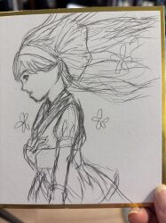 Rule 34 | 1girl, ainu clothes, breasts, fingerless gloves, from side, gloves, hair ribbon, highres, legs, long hair, monochrome, nakoruru, pants, ribbon, samurai spirits, sketch, small breasts, snk, solo, the king of fighters, thighs, traditional media
