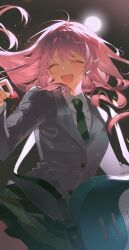 Rule 34 | 1girl, bang dream!, bang dream! it&#039;s mygo!!!!!, chihaya anon, closed eyes, commentary, diagonal-striped clothes, diagonal-striped necktie, electric guitar, fang, floating hair, green necktie, green skirt, grey jacket, guitar, haneoka school uniform, hashtag-only commentary, highres, holding, holding plectrum, instrument, jacket, light particles, long hair, mikan (migwang), necktie, open mouth, pink hair, plaid clothes, plaid skirt, pleated skirt, plectrum, school uniform, skirt, solo, striped clothes