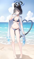 1girl absurdres animal_ears barefoot beach bikini black_eyes black_hair blue_archive blue_bikini blue_sky breasts cat_ears cat_girl cat_tail cloud day full_body highres kikyou_(blue_archive) kikyou_(swimsuit)_(blue_archive) looking_at_viewer medium_breasts navel ocean official_alternate_costume outdoors short_hair sky sob_(submar1089) solo swimsuit tail toes