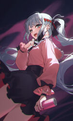 1girl absurdres bandaid bandaid_on_neck barbell_piercing black_mask black_skirt can character_request check_character cowboy_shot drink_can ear_piercing facial_mark fangs grey_hair hair_ornament hair_ribbon hatsune_miku heart heart_facial_mark heart_hair_ornament highres holding holding_can industrial_piercing jewelry long_hair long_sleeves looking_at_viewer mark_under_eye mask mask_pull mouth_mask multiple_rings open_mouth piercing pink_shirt purple_background ribbon ring shali shirt skirt solo teeth twintails upper_teeth_only vampire_(vocaloid) very_long_hair vocaloid
