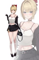 1girl absurdres alternate_costume astra_yao bag belt binu_(nadenade) black_belt black_choker black_jacket black_nails black_shoes black_skirt blonde_hair blush bow bra bra_strap breasts camisole character_charm charm_(object) choker cleavage collarbone commentary evelyn_chevalier full_body hair_bow hair_up hand_up highres holding holding_bag jacket kneehighs large_breasts looking_at_viewer midriff mole mole_under_eye nail_polish navel o-ring parted_lips pendant_choker purple_eyes red_bow revision shoes skirt sleeves_past_wrists socks solo tassel thighs underwear uneven_bangs white_bra white_camisole white_socks zenless_zone_zero zoom_layer