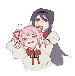 Rule 34 | &gt; &lt;, 2girls, akemi homura, an9, arm behind head, black hairband, bow, bowtie, brown shirt, cheek pinching, chinese commentary, closed mouth, collared shirt, commentary request, cropped torso, dot nose, embarrassed, flat color, flying sweatdrops, frown, grey hair, hair between eyes, hair ribbon, hairband, high collar, juliet sleeves, kaname madoka, lace-trimmed sleeves, lace trim, long hair, long sleeves, mahou shoujo madoka magica, mahou shoujo madoka magica (anime), mitakihara school uniform, multiple girls, nervous, open mouth, pinching, pink hair, puffy sleeves, purple eyes, red bow, red bowtie, red ribbon, ribbon, school uniform, shirt, short hair, short twintails, sidelocks, simple background, tearing up, twintails, very long hair, white background, white sleeve cuffs, yuri