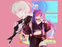 1boy 1girl 1other alternate_costume anger_vein anshango arval_(fire_emblem) black_choker black_shirt black_skirt choker commentary_request contemporary female_shez_(fire_emblem) fire_emblem fire_emblem:_three_houses fire_emblem_warriors:_three_hopes green_eyes green_hair hair_between_eyes hair_bun hair_over_one_eye hand_on_own_hip highres jacket long_hair male_byleth_(enlightened)_(fire_emblem) male_byleth_(fire_emblem) midriff navel nintendo off_shoulder ponytail purple_eyes purple_hair red_jacket shirt short_hair single_hair_bun skirt twitter_username