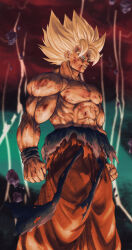 Rule 34 | 1boy, abs, arms at sides, biceps, blonde hair, blood, blood on face, blurry, blurry background, bruise, clenched hands, commentary, dragon ball, dragonball z, english commentary, feet out of frame, green eyes, highres, injury, looking ahead, male focus, muscular, muscular male, orange pants, outdoors, overcast, pants, parted lips, pectorals, rock, sky, solo, son goku, spiked hair, standing, studio viga, super saiyan, super saiyan 1, topless male, torn clothes, wristband