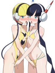 2girls aqua_eyes bikini black_hair blonde_hair blunt_bangs blush breasts collarbone commentary elesa_(pokemon) fingering headphones highres mnkr98 multiple_girls navel nintendo one_eye_closed open_mouth pokemon pokemon_bw pokemon_bw2 selfcest short_hair sidelocks simple_background swimsuit tongue tongue_out white_background yellow_bikini yellow_swimsuit yuri