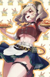 1girl bangboo_(zenless_zone_zero) black_choker black_skirt blonde_hair burnice_white choker cowboy_shot crop_top food highres holding holding_food holding_pizza ikanago_eak medium_hair navel official_alternate_costume pizza red_eyes red_shirt shirt skirt smile thigh_strap white_headdress zenless_zone_zero