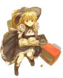 1girl alternate_costume black_gloves blonde_hair book boots braid colored_pencil_(medium) female_focus from_above gloves grimoire_of_marisa hat kirisame_marisa long_hair looking_up mixed_media mothman nakajimayou see-through_clothes side_braid solo staring surprised television touhou traditional_media wide-eyed witch witch_hat yellow_eyes