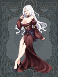 Rule 34 | 1girl, bad anatomy, bad leg, breasts, brown dress, brown eyes, cleavage, dairoku ryouhei, dress, full body, grey background, highres, large breasts, long hair, long sleeves, puffy long sleeves, puffy sleeves, red nails, snake, solo, standing, tongue, tongue out, very long hair, white hair