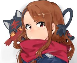 &gt;:/ 1girl :/ alternate_color black_coat brown_hair coat creature creature_on_shoulder creatures_(company) enpera eyes_visible_through_hair from_side game_freak gen_7_pokemon idolmaster idolmaster_(classic) litten long_hair minase_iori nintendo on_shoulder parted_bangs pokemon pokemon_(creature) pokemon_sm portrait red_eyes red_scarf scarf swept_bangs tuxedo_de_cat v-shaped_eyebrows white_background
