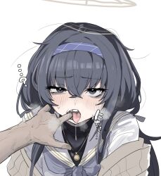 1girl bags_under_eyes black_hair blue_archive blue_eyes blue_hairband brown_halo cardigan finger_in_another&#039;s_mouth grey_cardigan hairband halo hetero highres jewelry long_hair long_sleeves mouth_pull pov pov_hands purple_hairband teeth tongue tongue_out totemoii ui_(blue_archive) veins veiny_arms veiny_hands