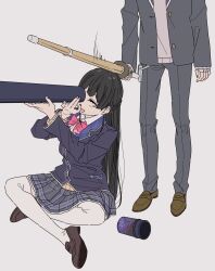 1boy 1girl black_jacket bow bowtie brown_cardigan brown_shoes cardigan collared_shirt grey_cardigan grey_jacket grey_pants grey_skirt highres holding holding_sword holding_weapon indian_style jacket kamatama_rom kenmochi_touya kenmochi_touya_(1st_costume) lapels loafers long_hair miniskirt nijisanji pants pink_bow pink_bowtie plaid_clothes plaid_skirt pleated_skirt scabbard sheath shirt shoes simple_background sitting skirt standing sword thighhighs tsukino_mito tsukino_mito_(1st_costume) virtual_youtuber weapon white_background white_shirt white_thighhighs wooden_sword