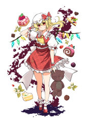 1girl ascot blonde_hair bow cake crystal crystal_wings flandre_scarlet food frills fruit full_body hand_up hat hat_bow hat_ribbon highres looking_at_viewer mary_janes mob_cap puffy_short_sleeves puffy_sleeves red_bow red_eyes ribbon shoes short_sleeves side_ponytail skirt solo strawberry stuffed_animal stuffed_toy swiss_roll teddy_bear touhou usuusu wings wrist_cuffs yellow_ascot