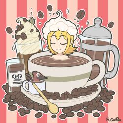 1girl animal artist_name blonde_hair breasts closed_eyes coffee_beans coffee_press cup fuguiibo glass highres kagamine_rin nude partially_submerged signature small_breasts smile spoon striped_background teacup vocaloid whipped_cream