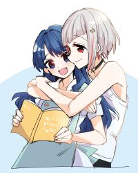2girls :d apron aqua_apron bare_shoulders black_choker blue_background blue_eyes blue_hair blush book choker collarbone commentary_request diagonal_bangs dollchestra dress grey_hair hair_intakes hair_ornament hasu_no_sora_school_uniform highres holding holding_book hug hug_from_behind kanduki_kamibukuro link!_like!_love_live! long_hair love_live! multicolored_hair multiple_girls murano_sayaka open_book open_mouth puffy_short_sleeves puffy_sleeves reading red_eyes red_hair sailor_collar sailor_dress school_uniform short_hair short_sleeves simple_background smile star_(symbol) star_hair_ornament streaked_hair summer_uniform tank_top translation_request virtual_youtuber white_sailor_collar white_tank_top yugiri_tsuzuri